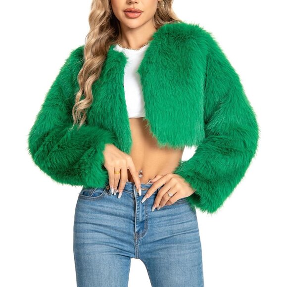 Women Green Cropped Fur Coat for Faux Furry Long Sleeve Cropped Fluffy Jacket - Picture 1 of 6